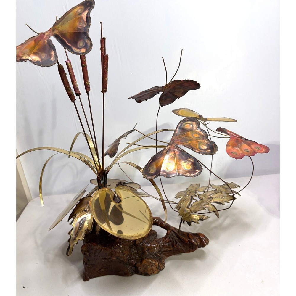 Vintage Brutalist Copper Brass‎ Butterfly Cattail Sculpture Burl Wood Base 20 in